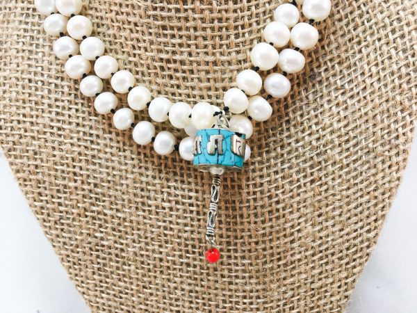 Pearl Necklace with Prayer Wheel Pendant
